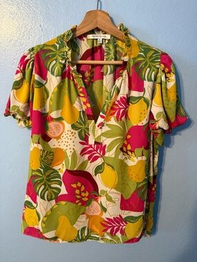 Rose & Olive Vibrant Pink, Yellow & Green Tropical Puff-Sleeve Blouse